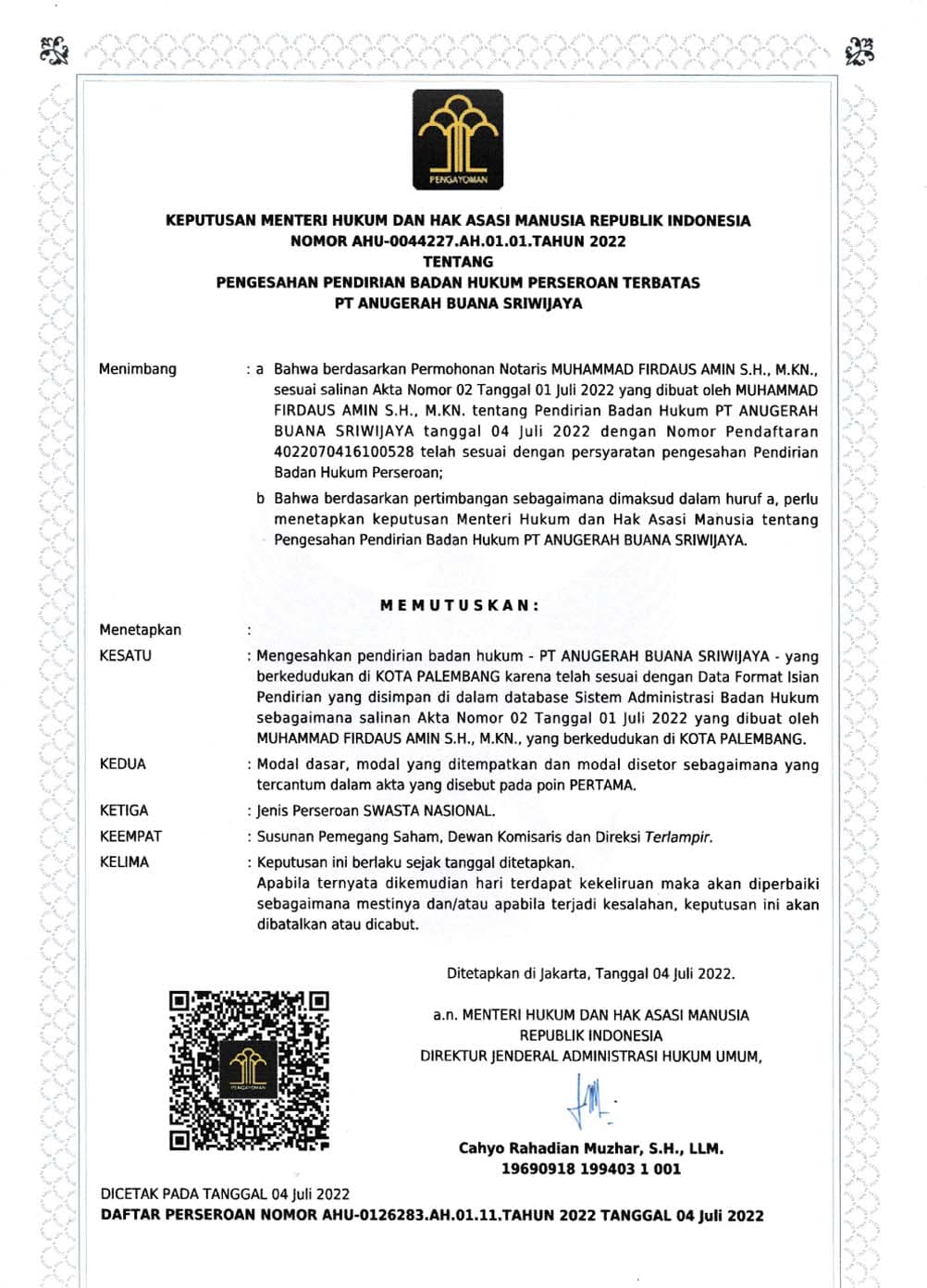 Keputusan Menteri Hukum dan HAM (KEMENKUMHAM)